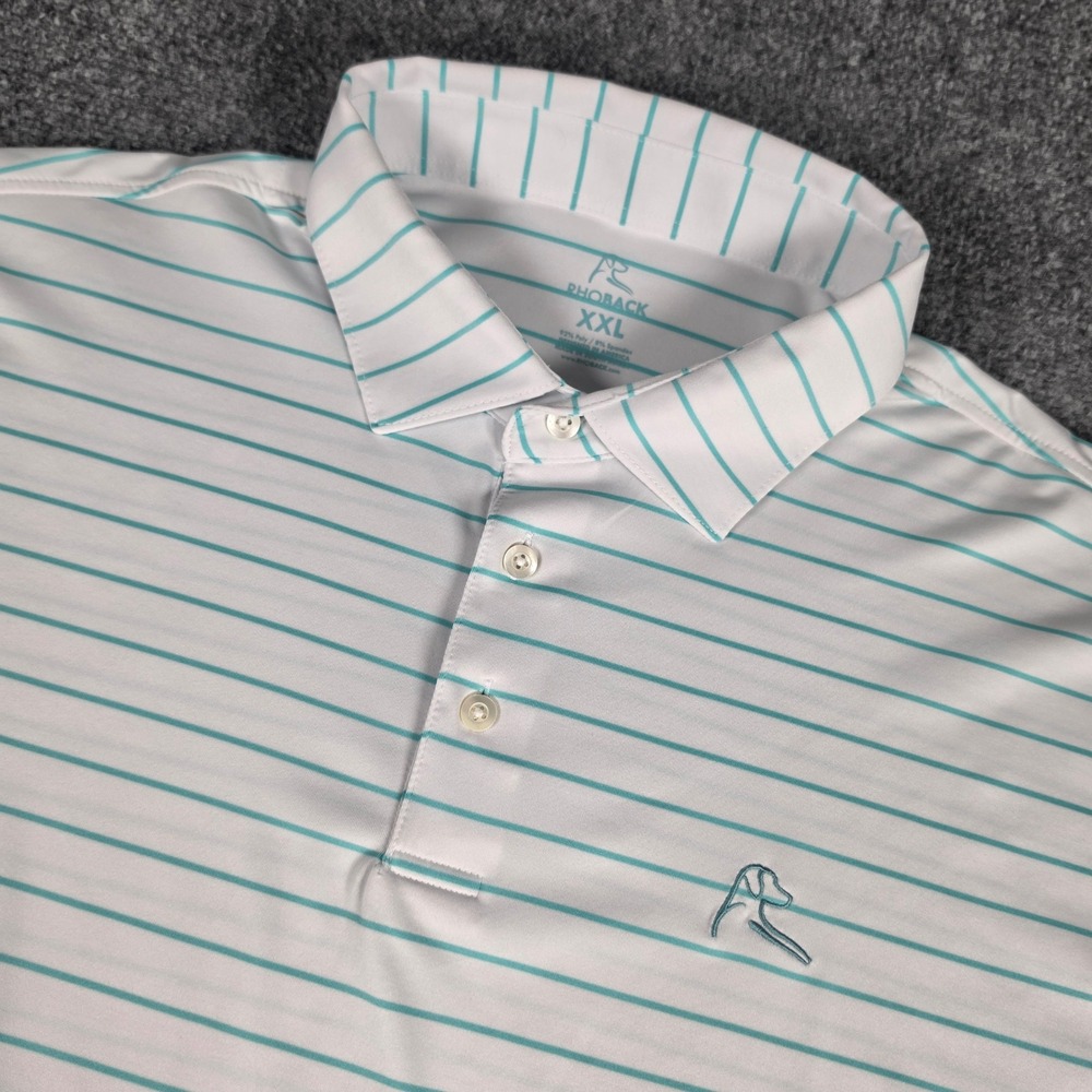 Rhoback Polo Shirt Mens XXL White‎ Teal Striped Performance SU23_1_MTSP